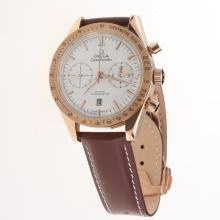 Omega Speedmaster Chronograph Asia Valjoux 7750 Movement Rose Gold Case with White Dial-Leather Strap
