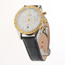 Omega Speedmaster Chronograph Asia Valjoux 7750 Movement Two Tone Case with White Dial-Leather Strap-1