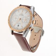 Omega Speedmaster Chronograph Asia Valjoux 7750 Movement Two Tone Case with White Dial-Leather Strap