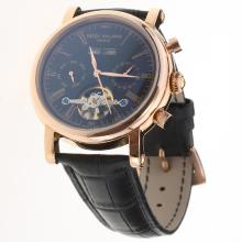Patek Philippe Tourbillon Automatic Rose Gold Case with Black Dial-Leather Strap