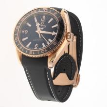 Omega Seamaster Co-Axial Working GMT Swiss CAL 8605 Movement Rose Gold Case Ceramic Bezel with Black Dial-Rubber Strap