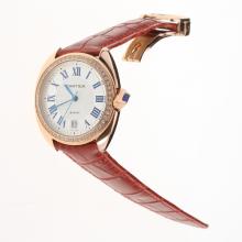 Cartier Cle de Cartier Rose Gold Case Diamond Bezel with White Dial-Red Leather Strap