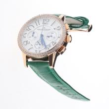 Jaeger-Lecoultre Rendez-Vous Working Chronograph Rose Gold Case Diamond Bezel with White Dial-Green Leather Strap