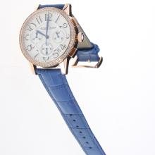 Jaeger-Lecoultre Rendez-Vous Working Chronograph Rose Gold Case Diamond Bezel with White Dial-Blue Leather Strap