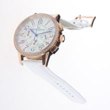 Jaeger-Lecoultre Rendez-Vous Working Chronograph Rose Gold Case Diamond Bezel with MOP Dial-White Leather Strap