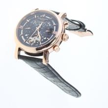 Patek Philippe Perpetual Calendar Tourbillon Automatic Rose Gold Cae with Black Dial-Leather Strap