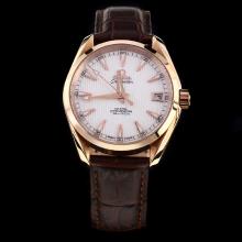 Omega Seamaster Swiss ETA 8500 Movement Rose Gold Case with White Dial-Leather Strap-1