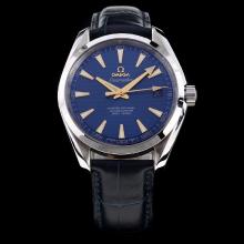 Omega Seamaster Working GMT Swiss ETA 8500 Movement with Blue Dial-Leather Strap