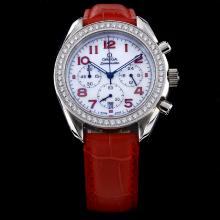 Omega Speedmaster Working Chronograph Diamond Bezel with MOP Dial-Red Leather Strap Lady Size