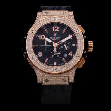 Hublot Big Bang Working Chronograph Rose Gold Diamond Case with Black Carbon Fibre Style Dial-Rubber Strap