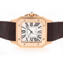 Cartier Santos 100 Swiss ETA 2836 Movement Rose Gold Case with White Dial Brown Leather Strap