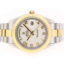 Rolex Day-Date II Swiss ETA 2836 Movement Two Tone Number Markers with White Wave Dial