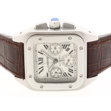 Cartier Santos 100 Chronograph Asia Valjoux 7750 Movement with White Dial Brown Leather Strap