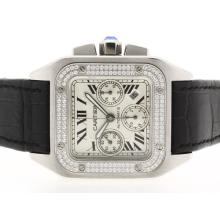 Cartier Santos 100 Chronograph Asia Valjoux 7750 Movement Diamond Bezel