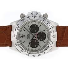 Rolex Daytona Working Chronograph Stick Markers with Silver Dial Leather Strap