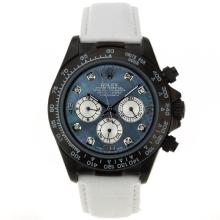 Rolex Daytona Working Chronograph PVD Case Diamond Markers with Blue MOP Dial White Leather Strap