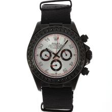 Rolex Daytona Working Chronograph PVD Case Black Diamond Bezel Number Markers with Silver Dial Nylon Strap