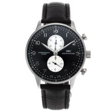 IWC Portuguese Working Chronograph Number Markers with Black Dial Leather Strap-1