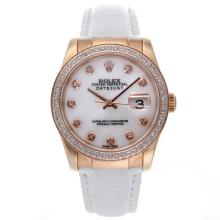 Rolex Datejust Swiss ETA 2836 Movement Rose Gold Case Diamond Bezel and Markers with White Dial Leather Strap