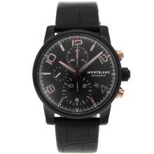 Montblanc Time Walker Chronograph Asia Valjoux 7750 Movement PVD Case Rose Gold Markers with Black Dial Leather Strap