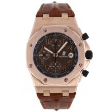 Audemars Piguet Royal Oak Offshore Chrono Asia Valjoux 7750 Movement Rose Gold Case with Brown Checkered Dial-Brown Leat